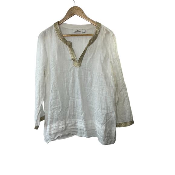 Vineyard Vines White & Gold Pleated Linen Tunic Women's Size Large - Picture 1 of 7